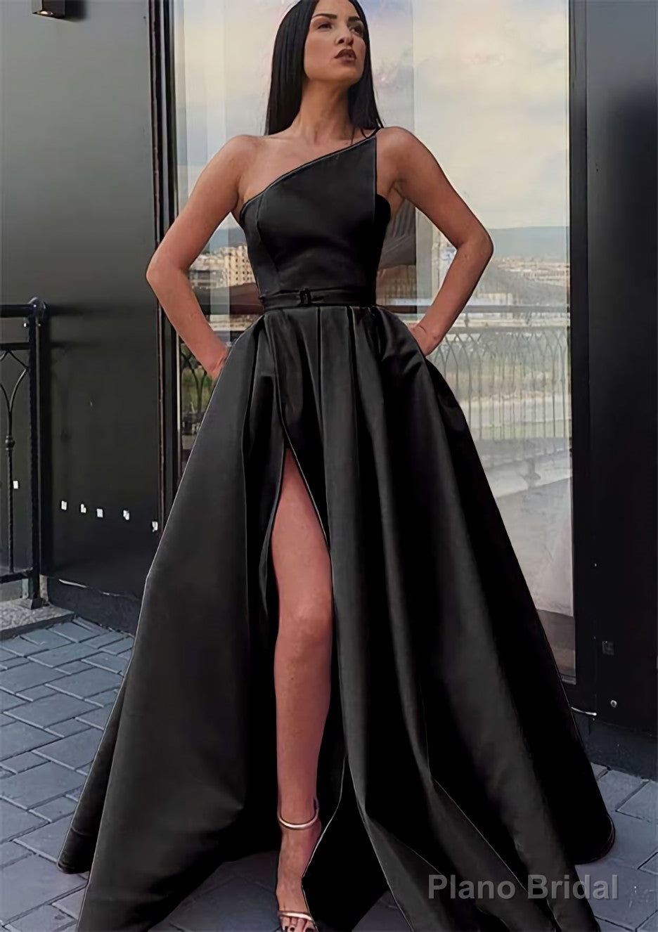 A-line One-Shoulder Long/Floor-Length Satin Prom Dresses With Pockets Waistband Split