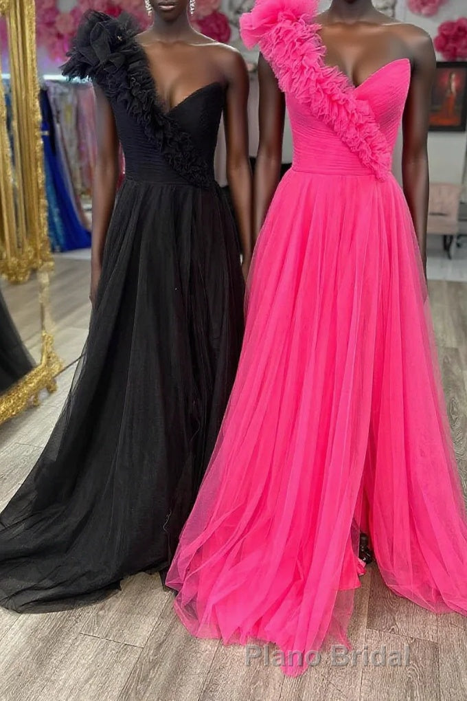 A-Line One Shoulder Long Tulle Formal Prom Dresses with Ruffles Main image