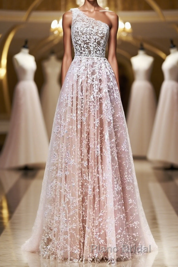 A Line One Shoulder Pink Lace Long Formal Prom Dress, Pink Lace Formal Dress, Pink Evening Dress Main image