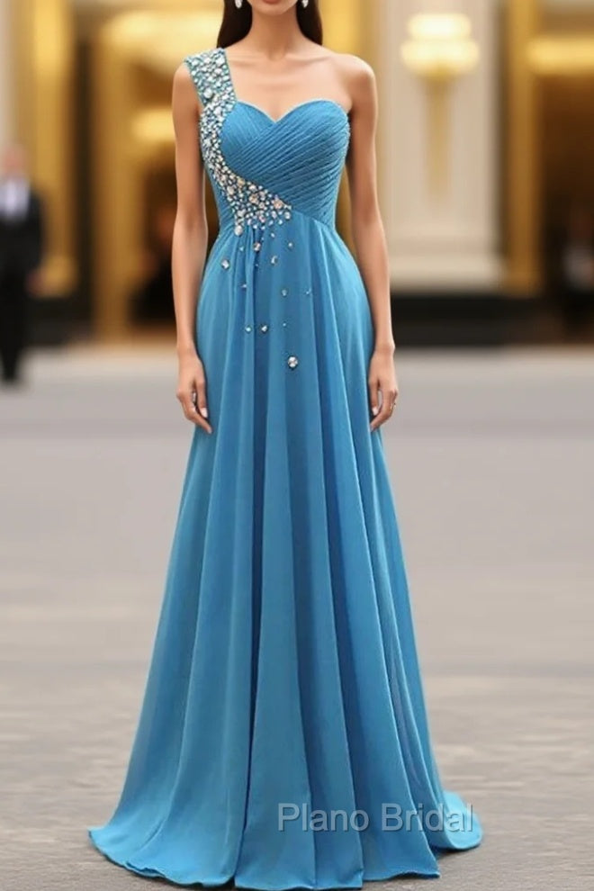 A-Line One Shoulder Pleats Beading Bridesmaid Dresses Main image