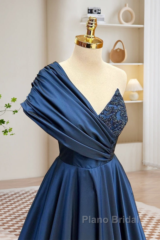A-Line One Shoulder Satin Beads Dark Blue Long Formal Prom Dresses, Blue Long Evening Dresses