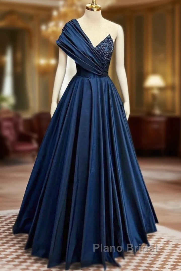 A-Line One Shoulder Satin Beads Dark Blue Long Formal Prom Dresses, Blue Long Evening Dresses Main image