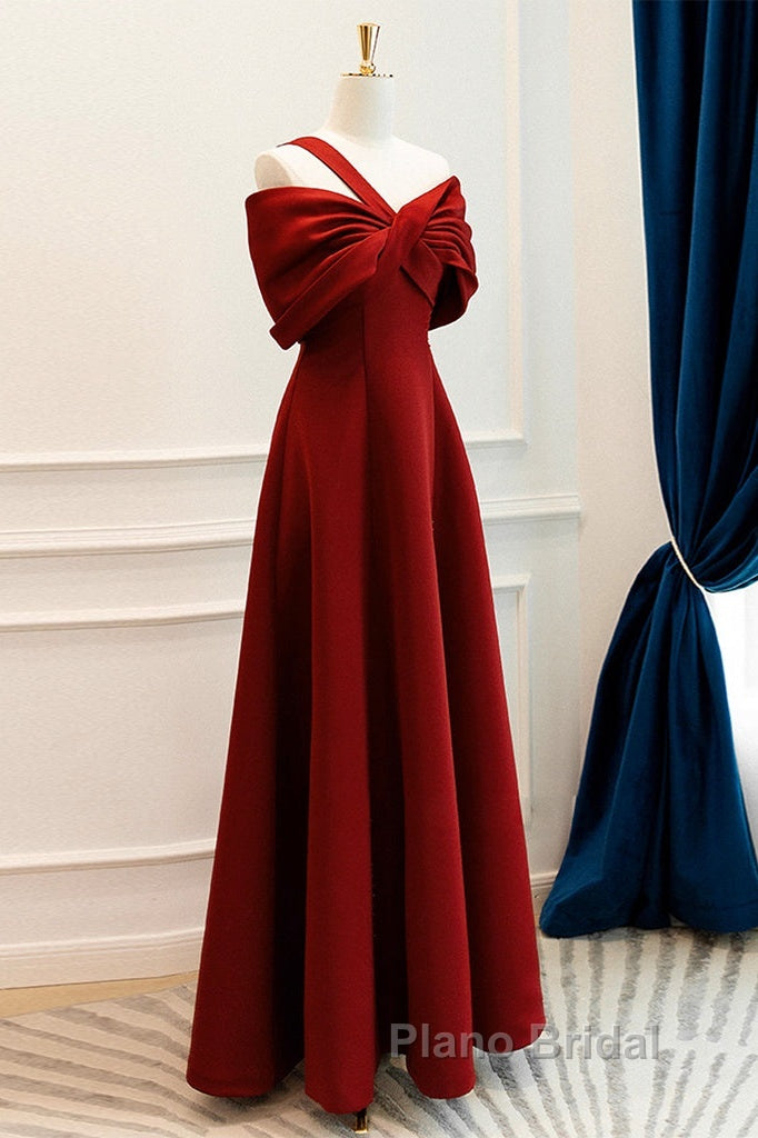 A-Line One Shoulder Satin Burgundy Long Formal Prom Dresses, Burgundy Long Formal Dresses Secondary image