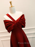 A-Line One Shoulder Satin Burgundy Long Formal Prom Dresses, Burgundy Long Formal Dresses