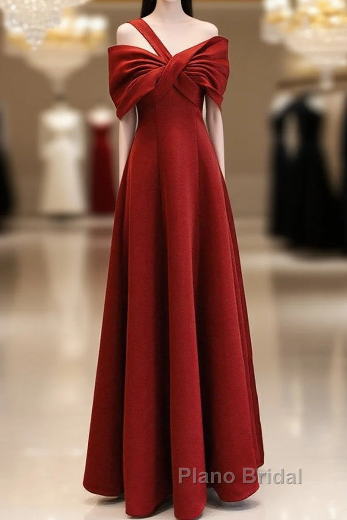 A-Line One Shoulder Satin Burgundy Long Formal Prom Dresses, Burgundy Long Formal Dresses Main image