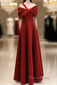 A-Line One Shoulder Satin Burgundy Long Formal Prom Dresses, Burgundy Long Formal Dresses
