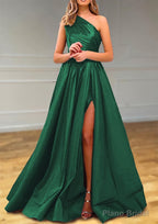 A-line One-Shoulder Satin Prom Dresses With Pleated Split