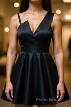 A Line One Shoulder Short Black Formal Prom Dresses, Short Black One Shoulder Formal Graduation Dresses