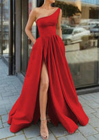 A-line One-Shoulder Sleeveless Long/Floor-Length Satin Prom Dresses With Ruffles Split