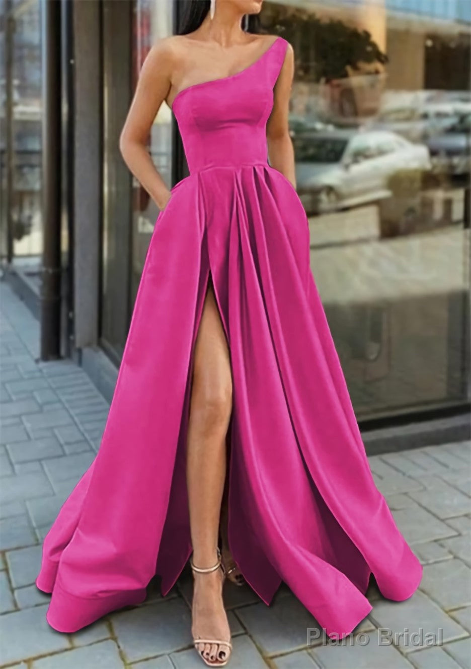 A-line One-Shoulder Sleeveless Long/Floor-Length Satin Prom Dresses With Ruffles Split