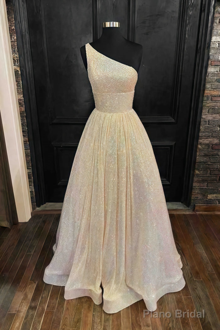 A-line One-Shoulder Sleeveless Long/Floor-Length Sequined Prom Dresses With Pockets