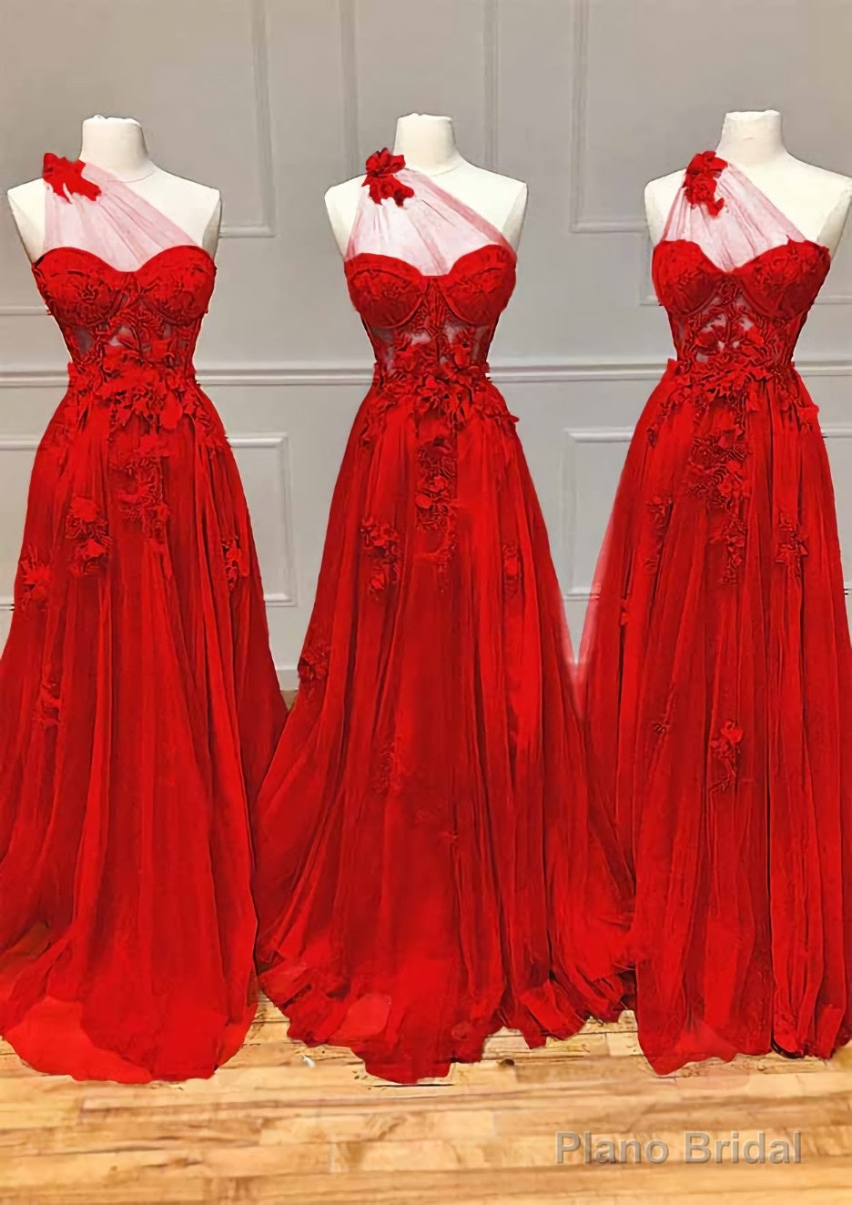 A-line One-Shoulder Sleeveless Long/Floor-Length Tulle Prom Dresses with Appliqued Split