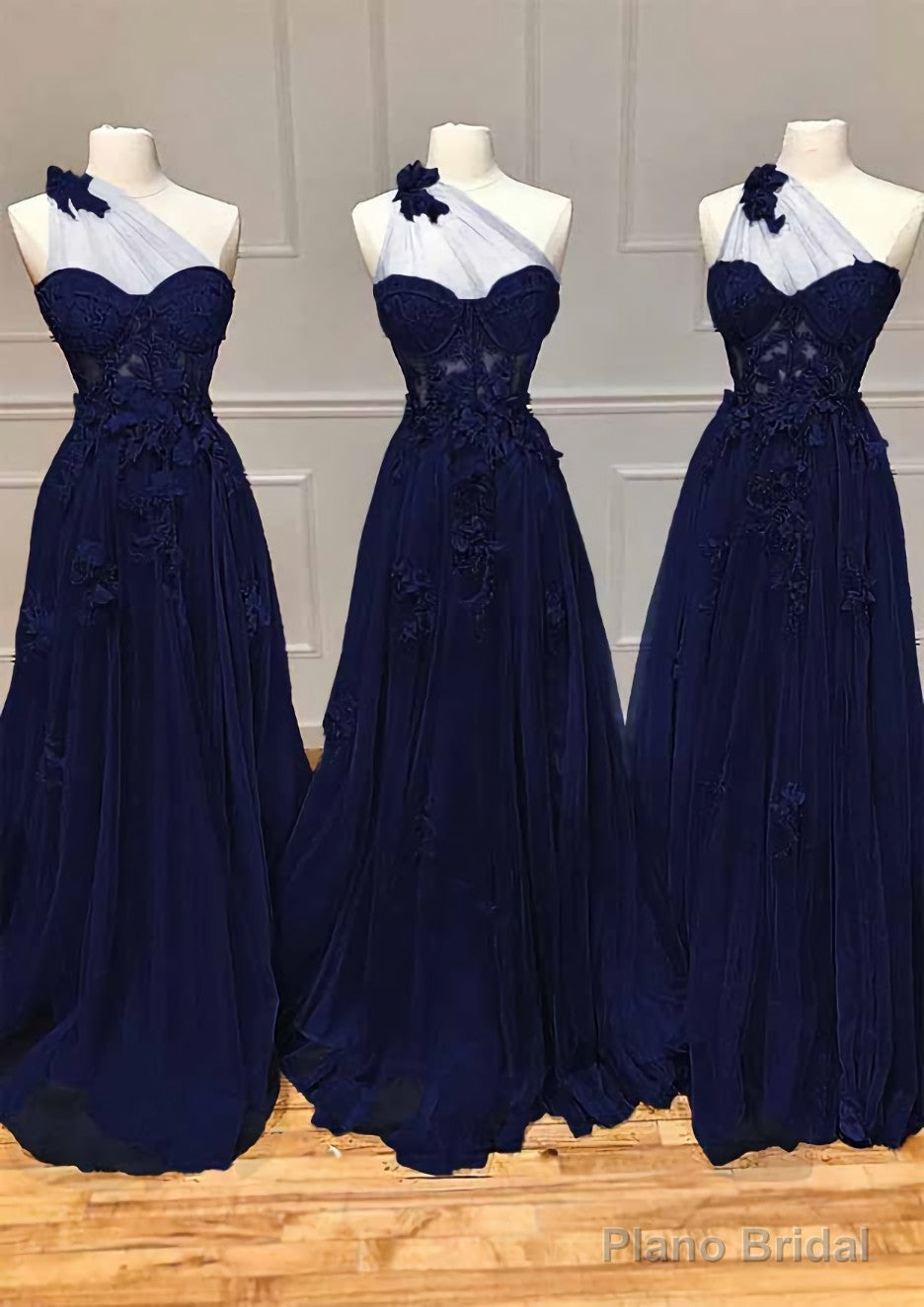 A-line One-Shoulder Sleeveless Long/Floor-Length Tulle Prom Dresses with Appliqued Split Secondary image