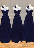 A-line One-Shoulder Sleeveless Long/Floor-Length Tulle Prom Dresses with Appliqued Split