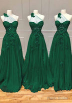 A-line One-Shoulder Sleeveless Long/Floor-Length Tulle Prom Dresses with Appliqued Split