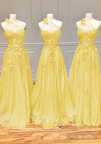 A-line One-Shoulder Sleeveless Long/Floor-Length Tulle Prom Dresses with Appliqued Split