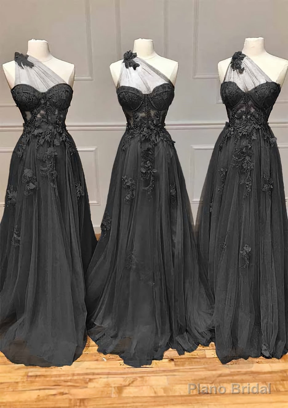 A-line One-Shoulder Sleeveless Long/Floor-Length Tulle Prom Dresses with Appliqued Split