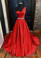 A-line One-Shoulder Sleeveless Satin Long/Floor-Length Prom Dresses With Beading Pleated