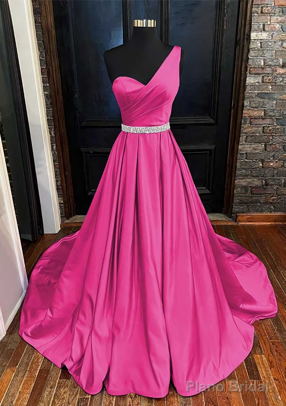A-line One-Shoulder Sleeveless Satin Long/Floor-Length Prom Dresses With Beading Pleated