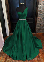 A-line One-Shoulder Sleeveless Satin Long/Floor-Length Prom Dresses With Beading Pleated