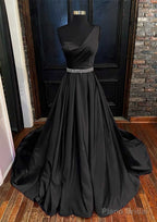 A-line One-Shoulder Sleeveless Satin Long/Floor-Length Prom Dresses With Beading Pleated