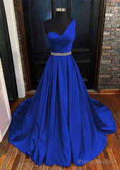 A-line One-Shoulder Sleeveless Satin Long/Floor-Length Prom Dresses With Beading Pleated
