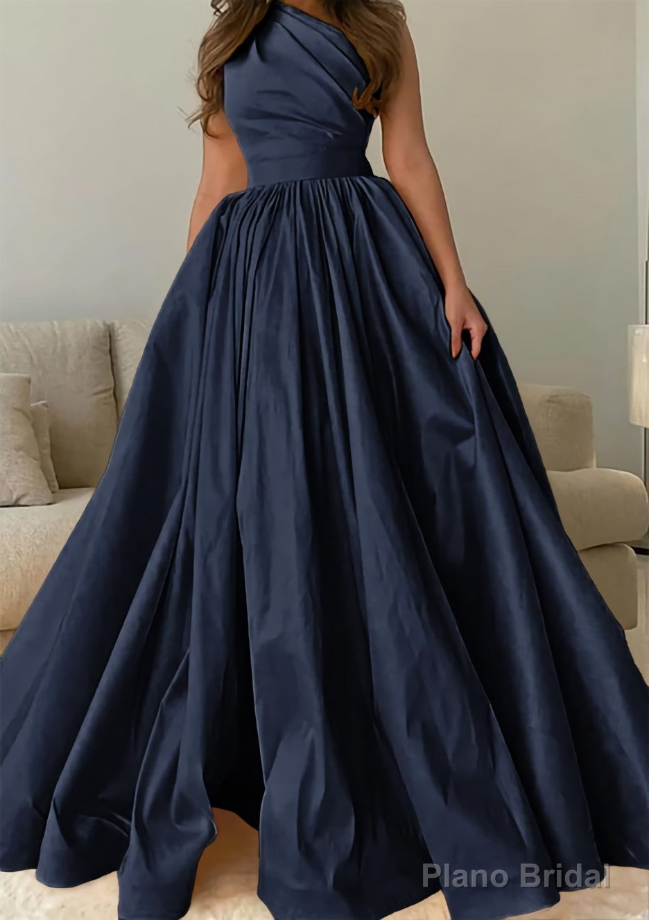 A-line One-Shoulder Sleeveless Sweep Train Satin Prom Dresses with Pleated Secondary image