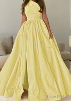 A-line One-Shoulder Sleeveless Sweep Train Satin Prom Dresses with Pleated