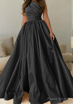 A-line One-Shoulder Sleeveless Sweep Train Satin Prom Dresses with Pleated