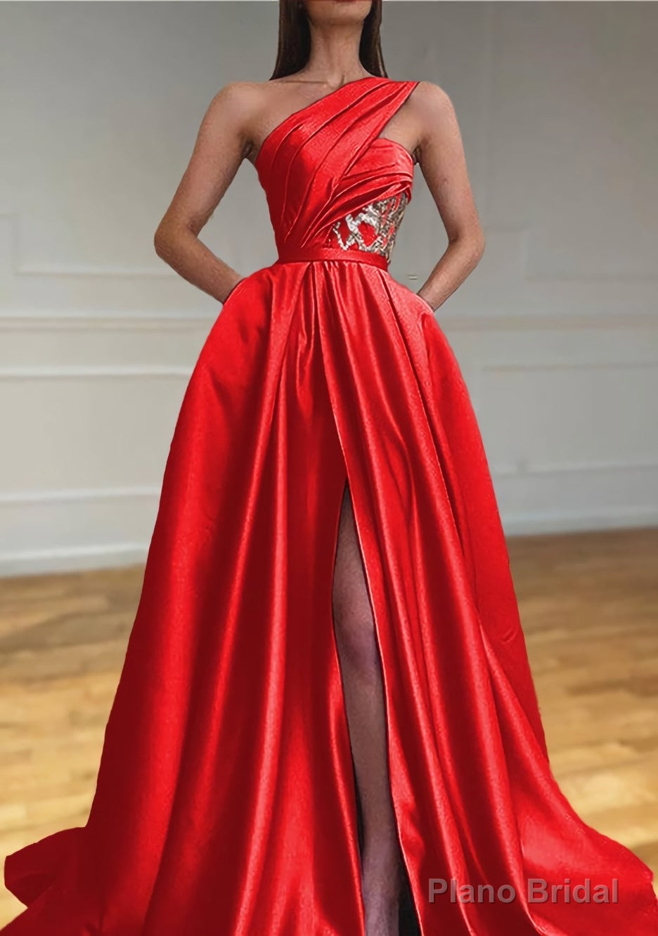 A-line One-Shoulder Sleeveless Sweep Train Satin Prom Dresses With Split Pleated
