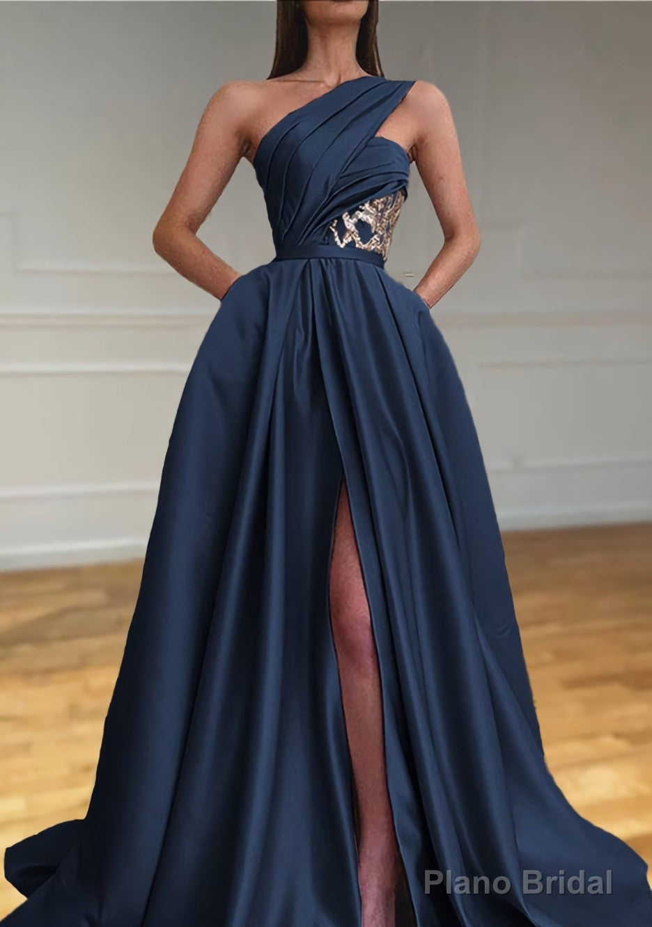 A-line One-Shoulder Sleeveless Sweep Train Satin Prom Dresses With Split Pleated Secondary image