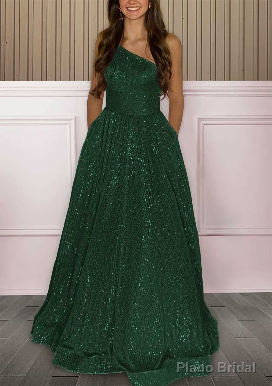 A-line One-Shoulder Sleeveless Sweep Train Sequined Prom Dresses with Pockets
