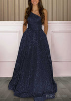 A-line One-Shoulder Sleeveless Sweep Train Sequined Prom Dresses with Pockets