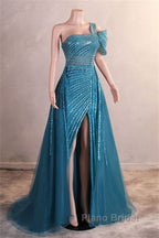A-Line One Shoulder Tulle Beaded Long Formal Prom Dresses Elegant Evening Gown