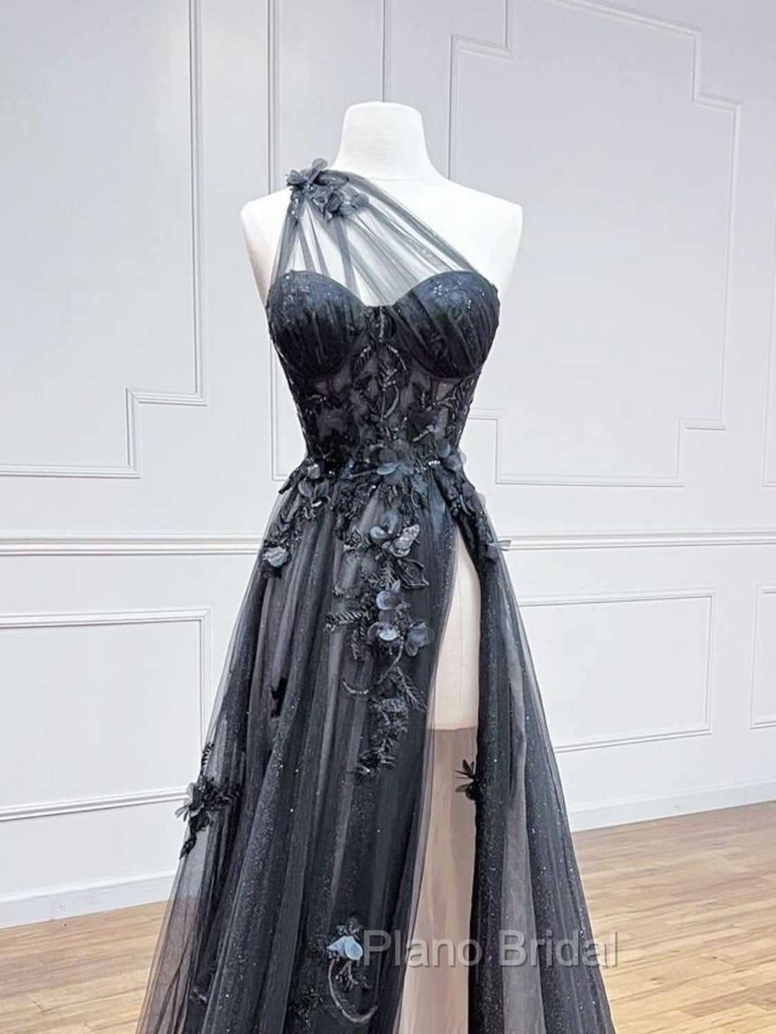A-Line One Shoulder Tulle Black Long Formal Prom Dresses, Black Formal Evening Dresses