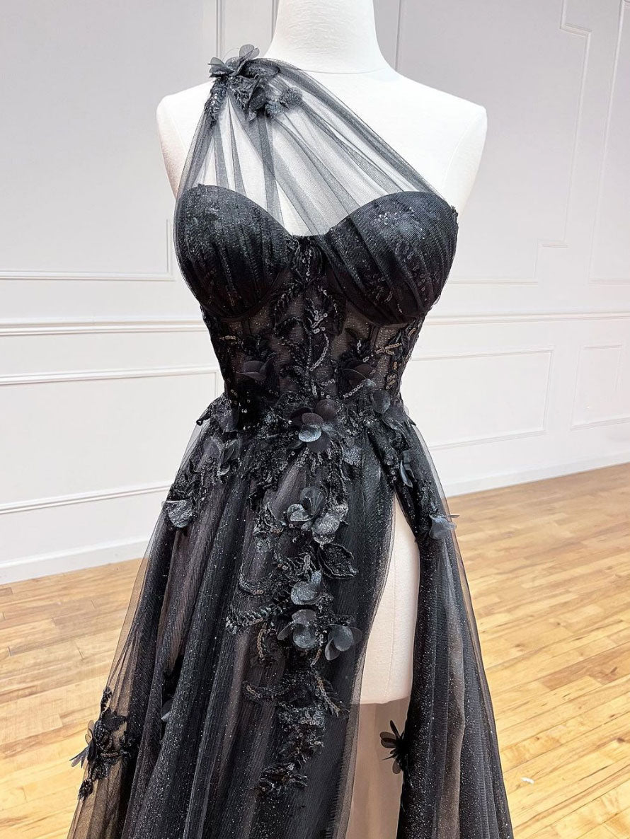A-Line One Shoulder Tulle Lace Black Formal Prom Dresses, Black Long Prom Dresses Secondary image