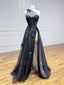 A-Line One Shoulder Tulle Lace Black Formal Prom Dresses, Black Long Prom Dresses