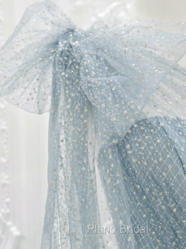 A-Line One Shoulder Tulle Sequin Gray Blue Long Formal Prom Dresses, Sequin Long Formal Dresses