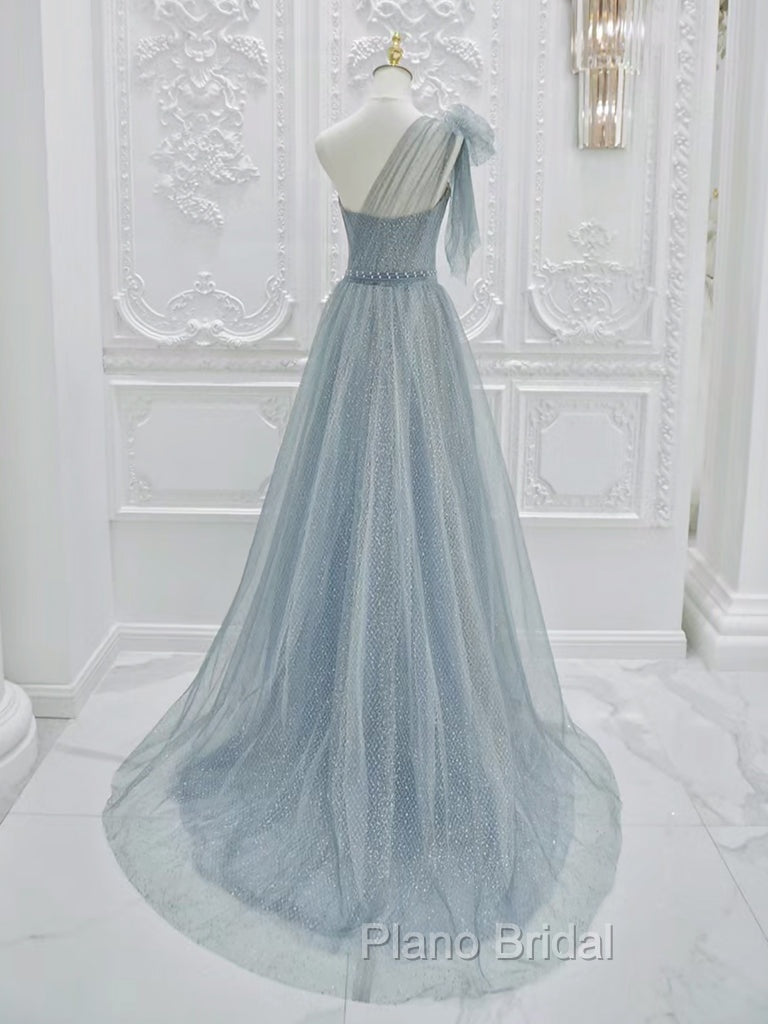A-Line One Shoulder Tulle Sequin Gray Blue Long Formal Prom Dresses, Sequin Long Formal Dresses