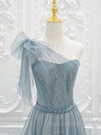 A-Line One Shoulder Tulle Sequin Gray Blue Long Formal Prom Dresses, Sequin Long Formal Dresses