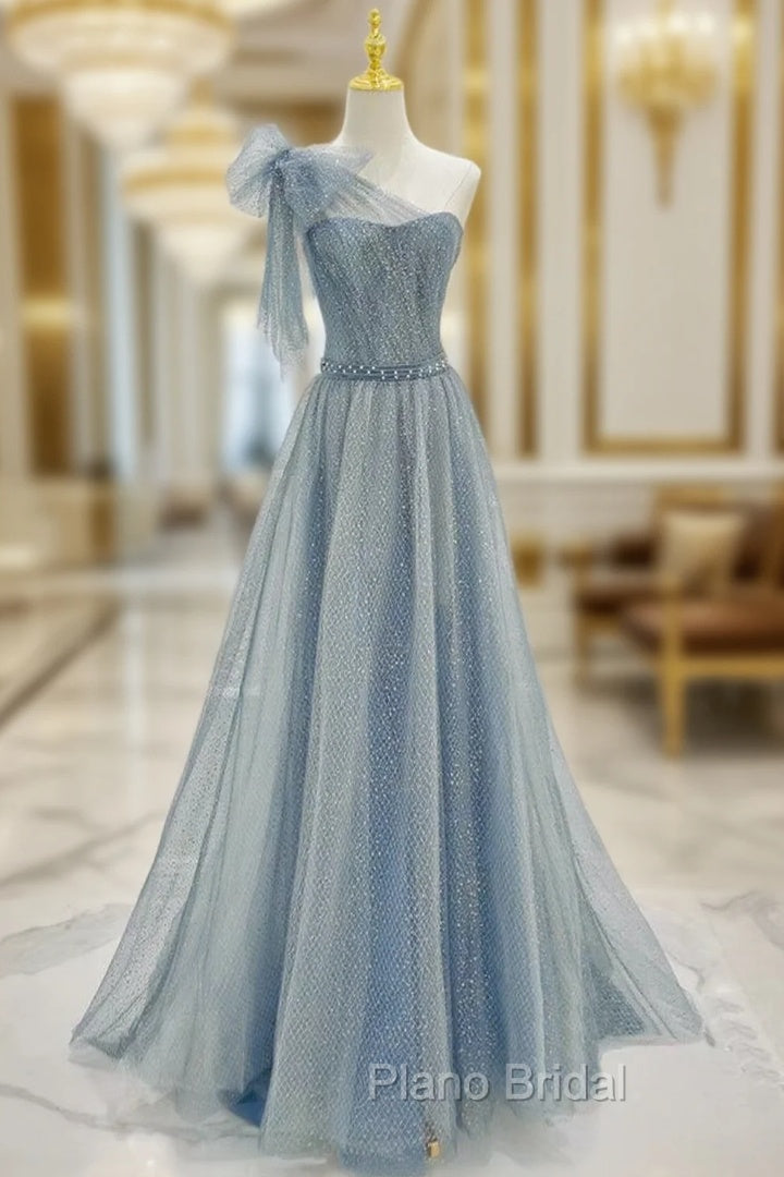 A-Line One Shoulder Tulle Sequin Gray Blue Long Formal Prom Dresses, Sequin Long Formal Dresses Main image