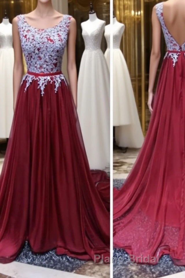 A Line Open Back Lace Burgundy Formal Prom Dresses, Burgundy Formal Dresses