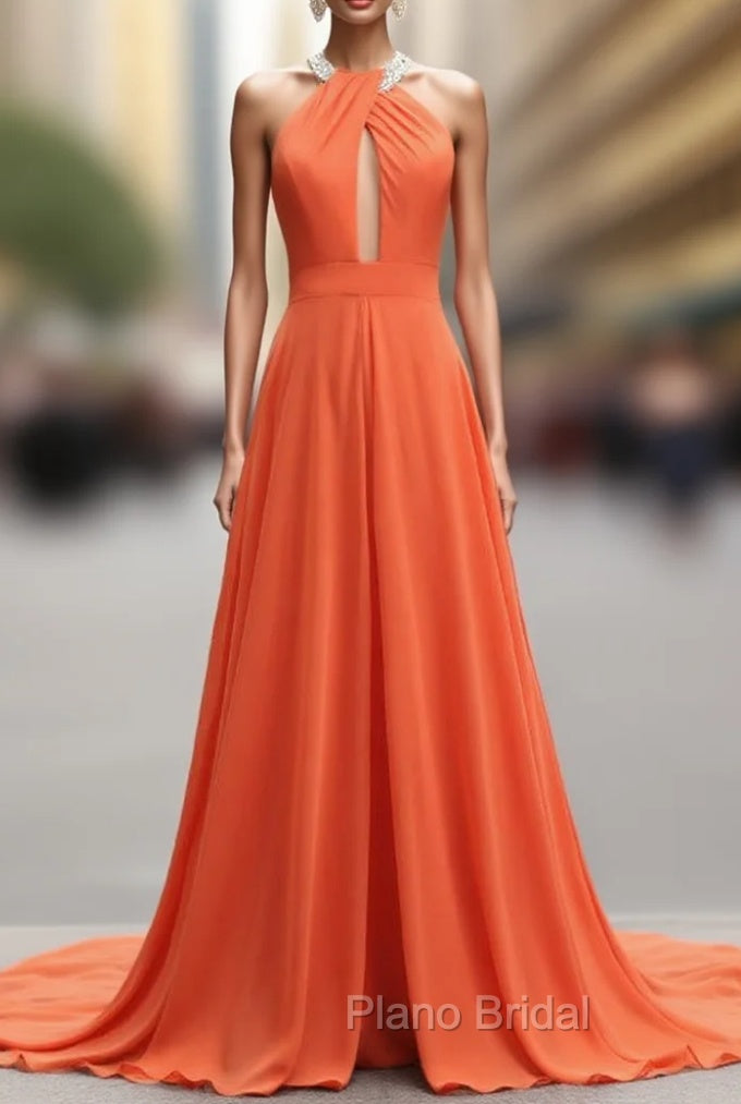 A-Line Orange Chiffon Halter Cut Out Backless Formal Prom Dresses