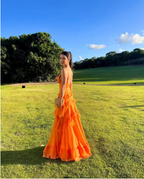 A Line Orange Long Formal Prom Dresses V Neck Formal Dresses Outfits