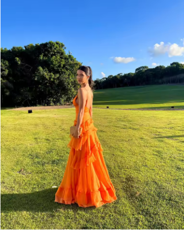 A Line Orange Long Formal Prom Dresses V Neck Formal Dresses Outfits