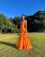 A Line Orange Long Formal Prom Dresses V Neck Formal Dresses Outfits