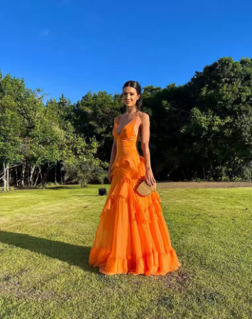 A Line Orange Long Formal Prom Dresses V Neck Formal Dresses Outfits