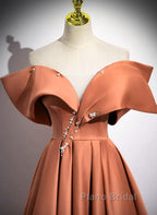 A-Line Orange Satin Beaded Sweetheart Formal Prom Dresses, Orange Long Evening Dresses