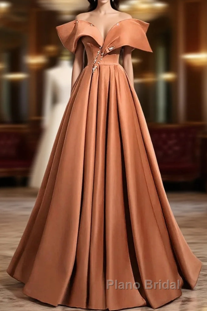 A-Line Orange Satin Beaded Sweetheart Formal Prom Dresses, Orange Long Evening Dresses Main image