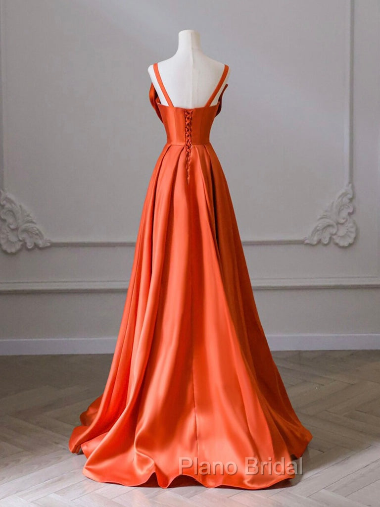 A-Line Orange Satin Long Formal Prom Dresses, Orange Long Evening Dresses Secondary image
